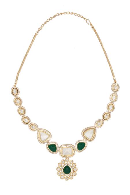 Shop_Moh-Maya By Disha Khatri_Gold Plated Pearls Kundan Embellished Pendant Necklace Set _Online_at_Aza_Fashions