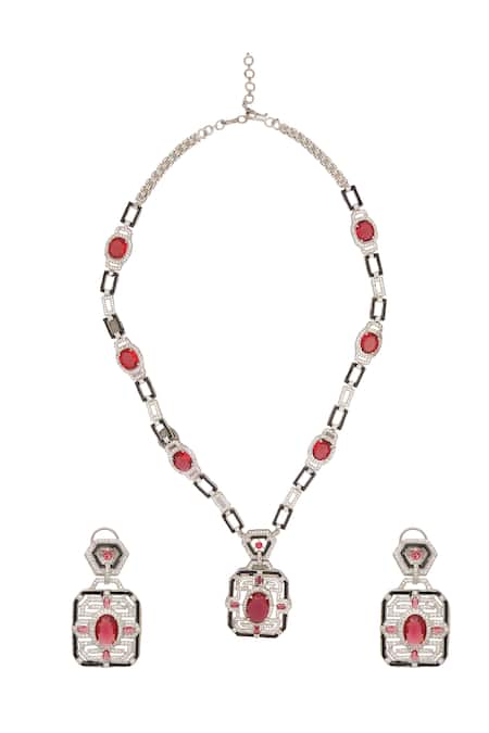 Shop Moh-Maya By Disha Khatri Silver Plated Stones Embellished Pendant Necklace Set at Aza Fashions Shop_Moh-Maya By Disha Khatri_Silver Plated Stones Embellished Pendant Necklace Set _at_Aza_Fashions