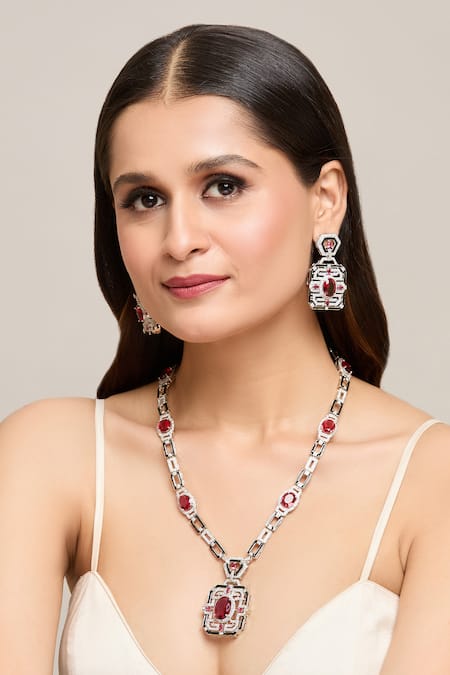 Shop Moh-Maya By Disha Khatri Silver Plated Stones Embellished Pendant Necklace Set Online at Aza Fashions Shop_Moh-Maya By Disha Khatri_Silver Plated Stones Embellished Pendant Necklace Set _Online_at_Aza_Fashions
