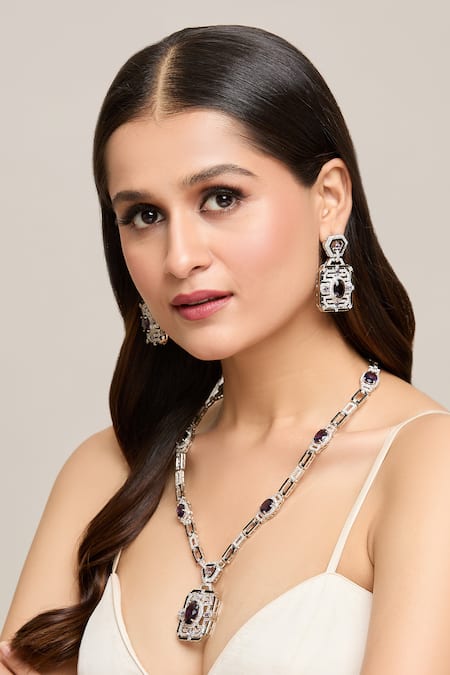 Moh-Maya by Disha Khatri Silver Plated Stones Studded Pendant Necklace Set 