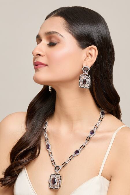 Buy_Moh-Maya By Disha Khatri_Silver Plated Stones Studded Pendant Necklace Set 