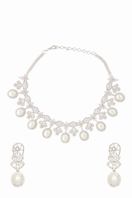 Shop Moh-Maya By Disha Khatri Silver Plated Pearls, Stones Embellished Choker Set at Aza Fashions Shop_Moh-Maya By Disha Khatri_Silver Plated Pearls, Stones Embellished Choker Set _at_Aza_Fashions