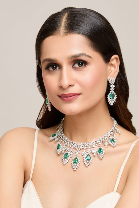 Moh-Maya By Disha Khatri_Silver Plated Stones Leaf Carved Necklace Set _Online_at_Aza_Fashions