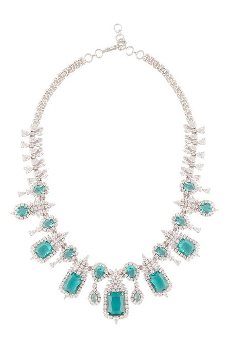 Moh-Maya By Disha Khatri_Silver Plated Stones Tear Drop Carved Necklace Set _at_Aza_Fashions