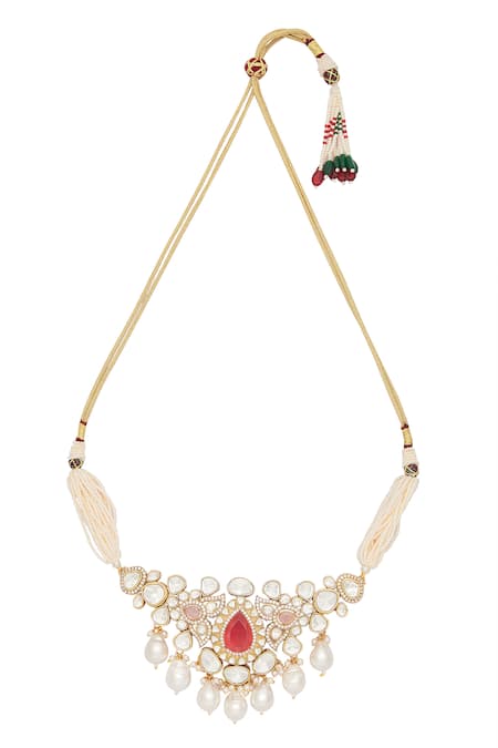 Shop_Moh-Maya By Disha Khatri_Gold Plated Pearls, Diamonds, Crystals Stone Studded Choker Necklace Set _Online_at_Aza_Fashions