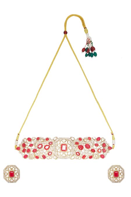 Shop_Moh-Maya By Disha Khatri_Gold Plated Stones, Zari Hexagon Carved Choker Set _at_Aza_Fashions