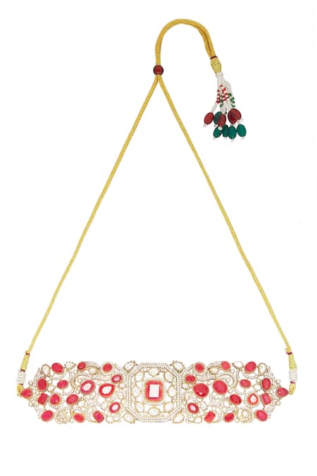 Buy_Moh-Maya By Disha Khatri_Gold Plated Stones, Zari Hexagon Carved Choker Set 