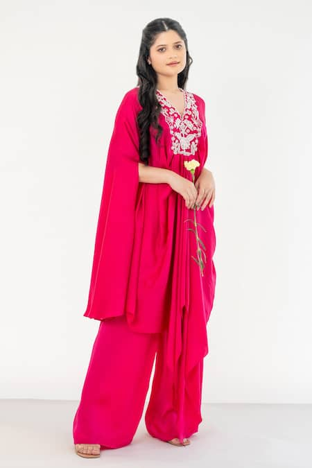 Aanchal Vijaywargi Pink Bemberg Satin Embroidery Ruby Blossom Draped Kaftan With Flared Pant 