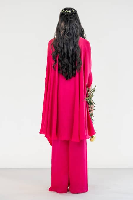 Shop Aanchal Vijaywargi Pink Bemberg Satin Embroidery Ruby Blossom Draped Kaftan With Flared Pant at Aza Fashions Shop_Aanchal Vijaywargi_Pink Bemberg Satin Embroidery Ruby Blossom Draped Kaftan With Flared Pant _at_Aza_Fashions