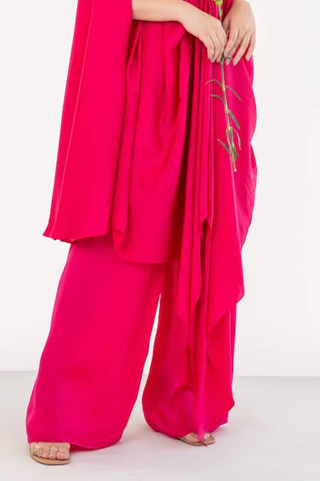 Aanchal Vijaywargi Pink Bemberg Satin Embroidery Ruby Blossom Draped Kaftan With Flared Pant Online at Aza Fashions Aanchal Vijaywargi_Pink Bemberg Satin Embroidery Ruby Blossom Draped Kaftan With Flared Pant _Online_at_Aza_Fashions