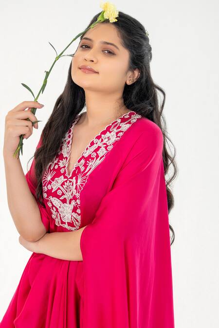 Buy Aanchal Vijaywargi Pink Bemberg Satin Embroidery Ruby Blossom Draped Kaftan With Flared Pant Online at Aza Fashions Buy_Aanchal Vijaywargi_Pink Bemberg Satin Embroidery Ruby Blossom Draped Kaftan With Flared Pant _Online_at_Aza_Fashions