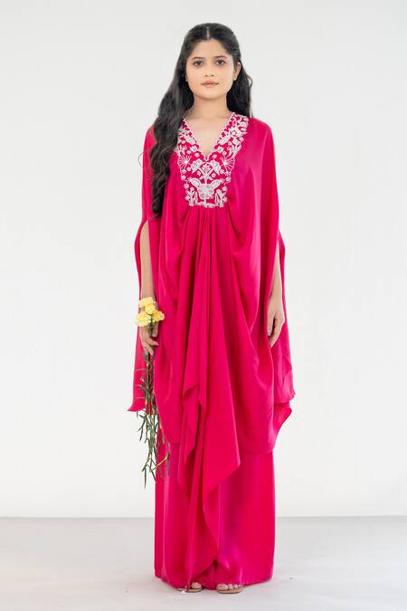Shop Aanchal Vijaywargi Pink Bemberg Satin Embroidery Ruby Blossom Draped Kaftan With Flared Pant Online at Aza Fashions Shop_Aanchal Vijaywargi_Pink Bemberg Satin Embroidery Ruby Blossom Draped Kaftan With Flared Pant _Online_at_Aza_Fashions
