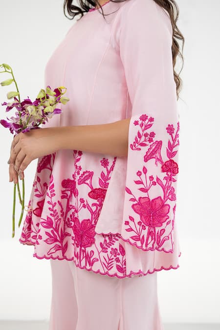 Buy Aanchal Vijaywargi Pink Chanderi, Georgette Applique, Cut Blossom Short Kurta With Sharara Pant Online at Aza Fashions Buy_Aanchal Vijaywargi_Pink Chanderi, Georgette Applique, Cut Blossom Short Kurta With Sharara Pant _Online_at_Aza_Fashions