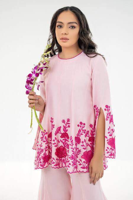 Shop Aanchal Vijaywargi Pink Chanderi, Georgette Applique, Cut Blossom Short Kurta With Sharara Pant Online at Aza Fashions Shop_Aanchal Vijaywargi_Pink Chanderi, Georgette Applique, Cut Blossom Short Kurta With Sharara Pant _Online_at_Aza_Fashions