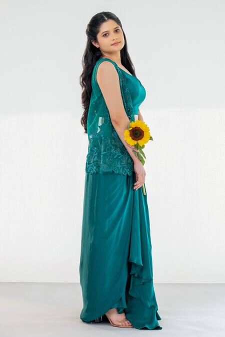 Shop_Aanchal Vijaywargi_Green Bemberg Satin Daisy Applique Embellished Jacket Draped Skirt Set _Online_at_Aza_Fashions
