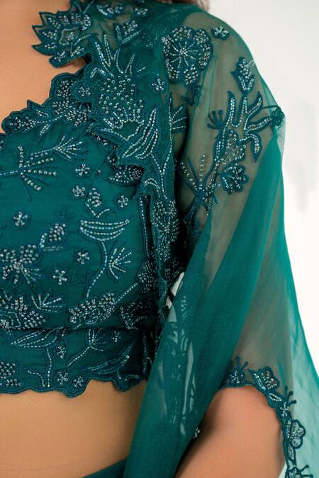 Shop_Aanchal Vijaywargi_Green Organza Embroidery, Cut Work V-neck Magnolia Fleur Cape Lehenga Set _Online_at_Aza_Fashions