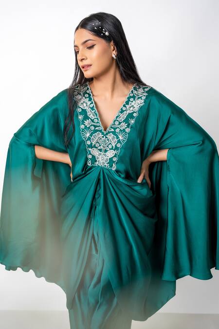Aanchal Vijaywargi_Green Bemberg Satin Embroidery Thread V Neck Flora Kaftan With Tulip Pant _at_Aza_Fashions