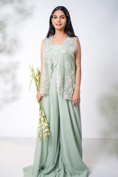 Aanchal Vijaywargi Green Organza Embroidery Thread Semi Jasmine Twinkle Jacket With Solid Jumpsuit 