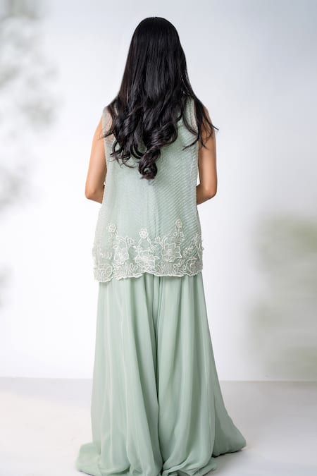 Shop Aanchal Vijaywargi Green Organza Embroidery Thread Semi Jasmine Twinkle Jacket With Solid Jumpsuit at Aza Fashions Shop_Aanchal Vijaywargi_Green Organza Embroidery Thread Semi Jasmine Twinkle Jacket With Solid Jumpsuit _at_Aza_Fashions