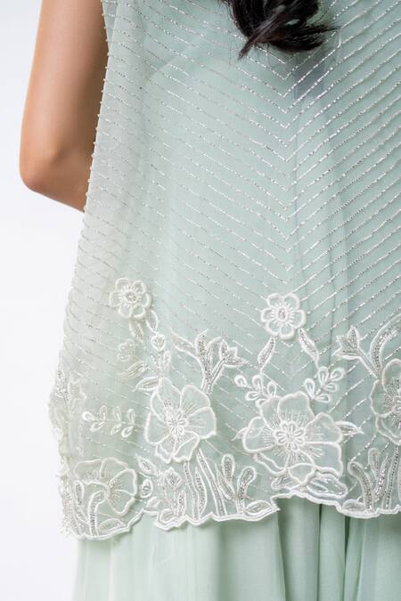 Aanchal Vijaywargi Green Organza Embroidery Thread Semi Jasmine Twinkle Jacket With Solid Jumpsuit Online at Aza Fashions Aanchal Vijaywargi_Green Organza Embroidery Thread Semi Jasmine Twinkle Jacket With Solid Jumpsuit _Online_at_Aza_Fashions
