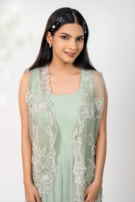 Buy Aanchal Vijaywargi Green Organza Embroidery Thread Semi Jasmine Twinkle Jacket With Solid Jumpsuit Online at Aza Fashions Buy_Aanchal Vijaywargi_Green Organza Embroidery Thread Semi Jasmine Twinkle Jacket With Solid Jumpsuit _Online_at_Aza_Fashions