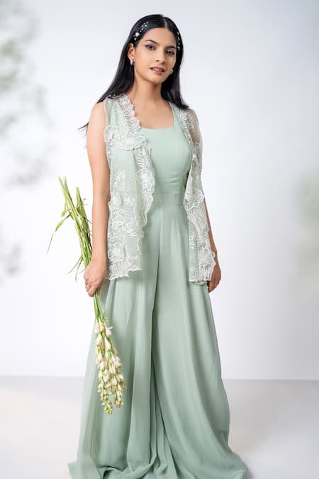 Shop Aanchal Vijaywargi Green Organza Embroidery Thread Semi Jasmine Twinkle Jacket With Solid Jumpsuit Online at Aza Fashions Shop_Aanchal Vijaywargi_Green Organza Embroidery Thread Semi Jasmine Twinkle Jacket With Solid Jumpsuit _Online_at_Aza_Fashions