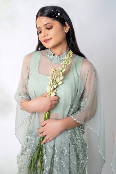 Aanchal Vijaywargi_Green Georgette, Organza Cut Work, Pearls, Garden Poncho Palazzo Pant Set _Online_at_Aza_Fashions