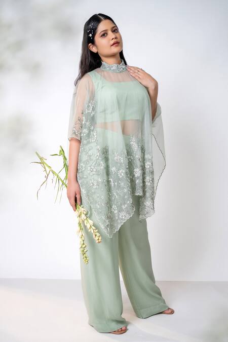 Buy_Aanchal Vijaywargi_Green Georgette, Organza Cut Work, Pearls, Garden Poncho Palazzo Pant Set _Online_at_Aza_Fashions