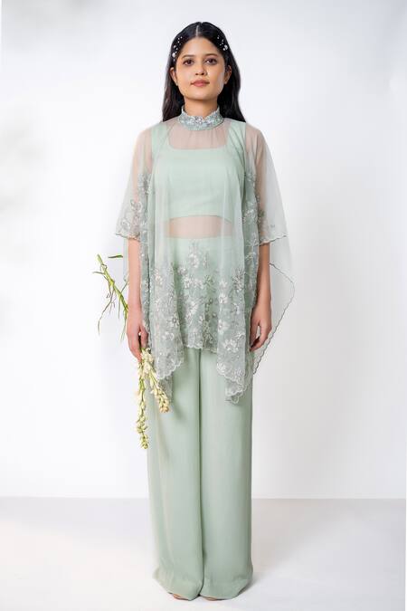 Shop_Aanchal Vijaywargi_Green Georgette, Organza Cut Work, Pearls, Garden Poncho Palazzo Pant Set _Online_at_Aza_Fashions