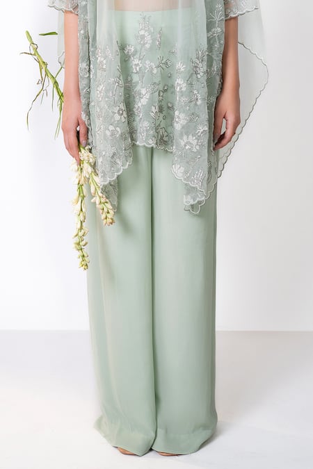 Aanchal Vijaywargi_Green Georgette, Organza Cut Work, Pearls, Garden Poncho Palazzo Pant Set _at_Aza_Fashions