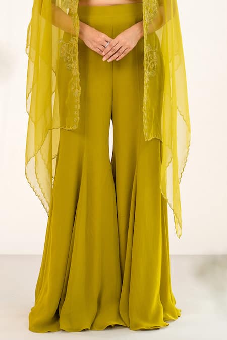 Aanchal Vijaywargi_Green Organza, Georgette Cut Work, Floral Throw On Cape Bell Bottom Pant Set _Online_at_Aza_Fashions