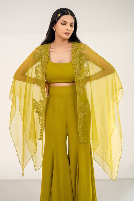 Buy_Aanchal Vijaywargi_Green Organza, Georgette Cut Work, Floral Throw On Cape Bell Bottom Pant Set _Online_at_Aza_Fashions
