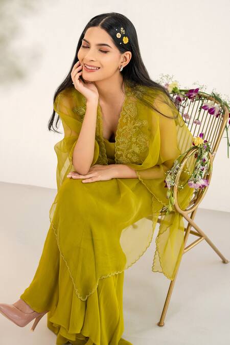 Shop_Aanchal Vijaywargi_Green Organza, Georgette Cut Work, Floral Throw On Cape Bell Bottom Pant Set _Online_at_Aza_Fashions