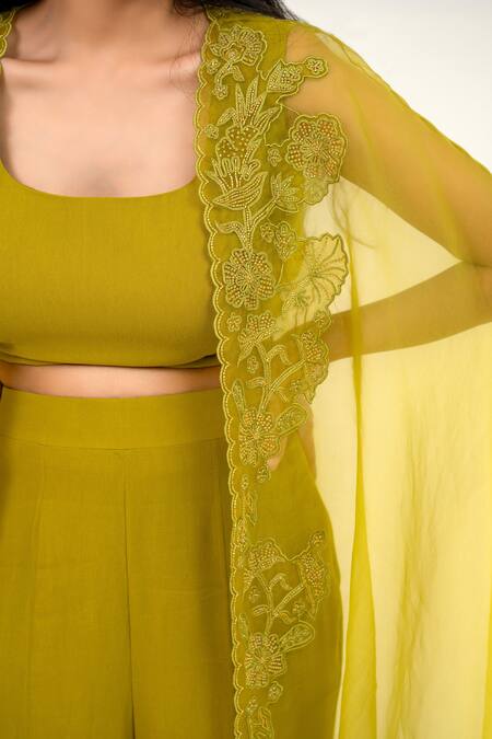 Aanchal Vijaywargi_Green Organza, Georgette Cut Work, Floral Throw On Cape Bell Bottom Pant Set _at_Aza_Fashions