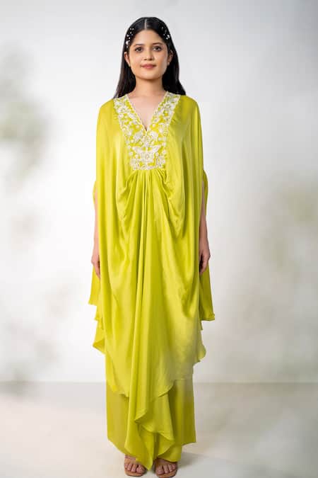 Aanchal Vijaywargi_Green Bemberg Satin Embroidery Pearls V Neck Draped Kaftan And Flared Pant _Online_at_Aza_Fashions