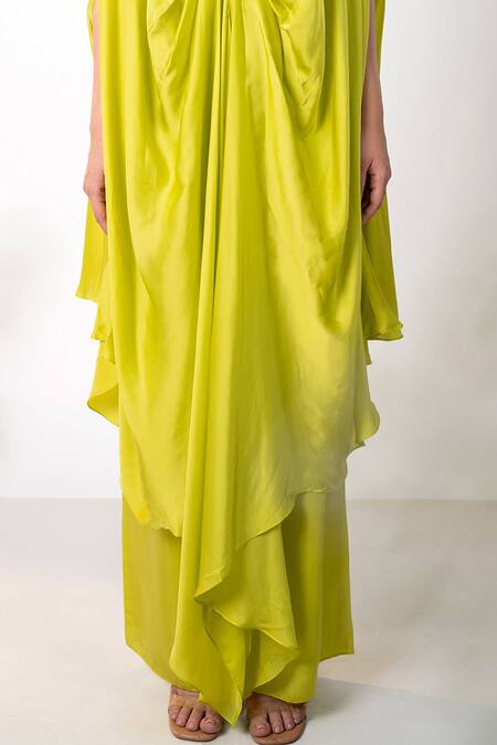 Buy_Aanchal Vijaywargi_Green Bemberg Satin Embroidery Pearls V Neck Draped Kaftan And Flared Pant _Online_at_Aza_Fashions