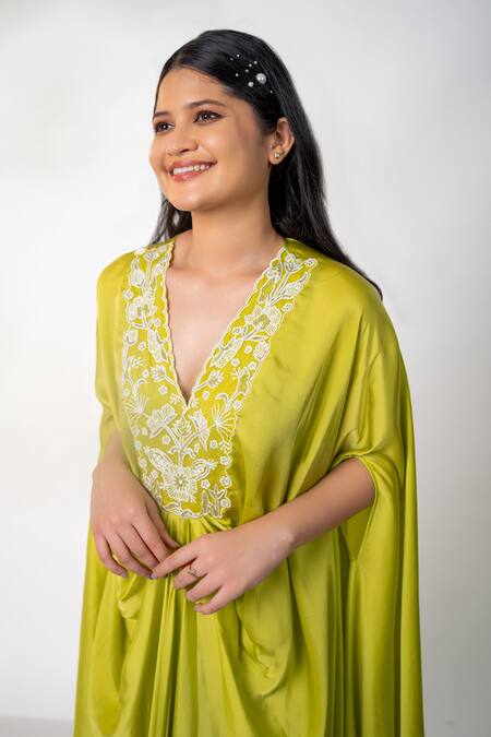Shop_Aanchal Vijaywargi_Green Bemberg Satin Embroidery Pearls V Neck Draped Kaftan And Flared Pant _Online_at_Aza_Fashions