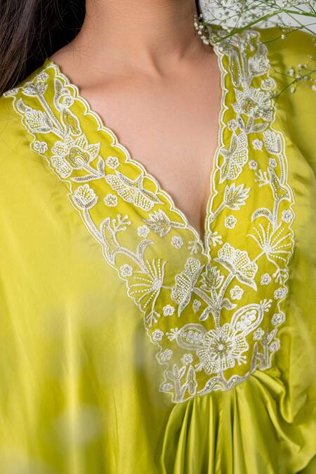 Aanchal Vijaywargi_Green Bemberg Satin Embroidery Pearls V Neck Draped Kaftan And Flared Pant _at_Aza_Fashions