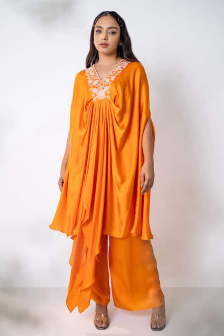 Aanchal Vijaywargi Orange Bemberg Satin Embroidery Pearls Wildbloom Draped Kaftan With Flared Pant