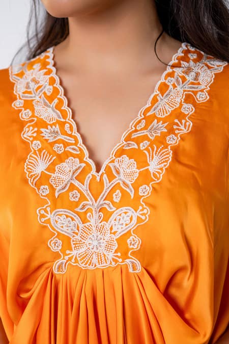 Aanchal Vijaywargi_Orange Bemberg Satin Embroidery Pearls Wildbloom Draped Kaftan With Flared Pant _Online_at_Aza_Fashions