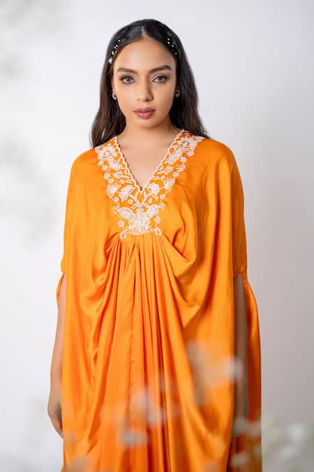 Buy_Aanchal Vijaywargi_Orange Bemberg Satin Embroidery Pearls Wildbloom Draped Kaftan With Flared Pant _Online_at_Aza_Fashions