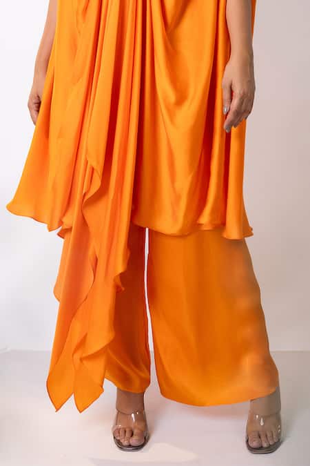 Shop_Aanchal Vijaywargi_Orange Bemberg Satin Embroidery Pearls Wildbloom Draped Kaftan With Flared Pant _Online_at_Aza_Fashions
