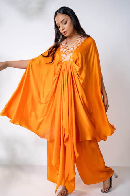 Aanchal Vijaywargi_Orange Bemberg Satin Embroidery Pearls Wildbloom Draped Kaftan With Flared Pant _at_Aza_Fashions