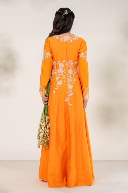 Aanchal Vijaywargi Marigold Embroidered Anarkali Jacket With Draped Skirt 