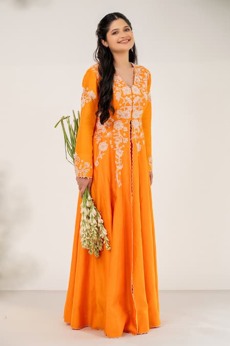 Aanchal Vijaywargi_Orange Chanderi, Bamboo Pearls, Marigold Anarkali Jacket With Draped Skirt _Online_at_Aza_Fashions