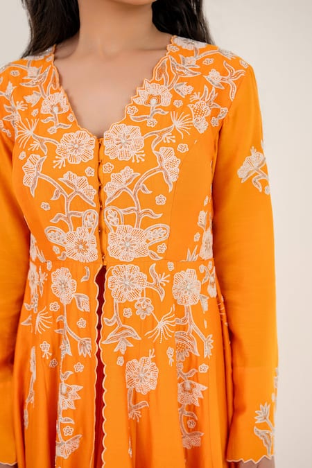Buy_Aanchal Vijaywargi_Orange Chanderi, Bamboo Pearls, Marigold Anarkali Jacket With Draped Skirt _Online_at_Aza_Fashions