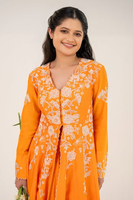 Shop_Aanchal Vijaywargi_Orange Chanderi, Bamboo Pearls, Marigold Anarkali Jacket With Draped Skirt _Online_at_Aza_Fashions