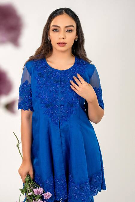 Aanchal Vijaywargi_Blue Organza, Bamboo Applique, Cut Work, Bloom Bell Short Anarkali Sharara Set _Online_at_Aza_Fashions