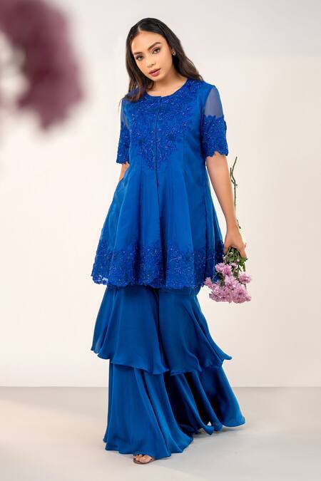 Buy_Aanchal Vijaywargi_Blue Organza, Bamboo Applique, Cut Work, Bloom Bell Short Anarkali Sharara Set _Online_at_Aza_Fashions