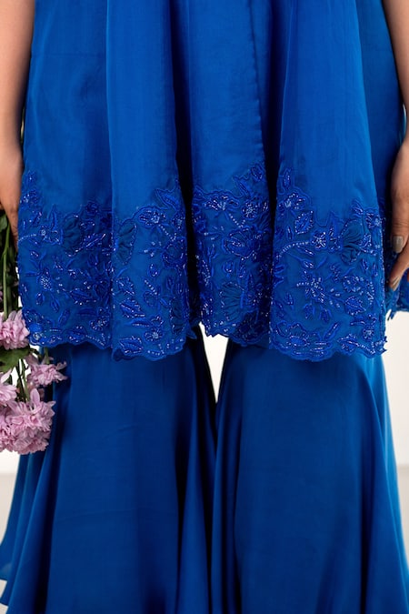 Shop_Aanchal Vijaywargi_Blue Organza, Bamboo Applique, Cut Work, Bloom Bell Short Anarkali Sharara Set _Online_at_Aza_Fashions